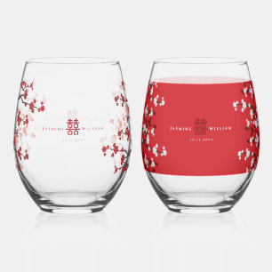 Verre À Vin Sans Pied Cherry Blossoms & Double Bonheur Mariage chinois