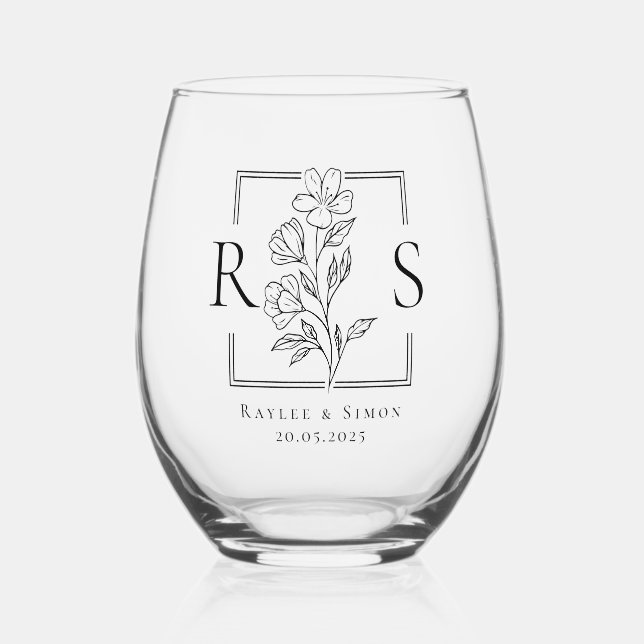 Verre À Vin Sans Pied Chic Élégant Boho Floral Monogramme Initiale (Recto)