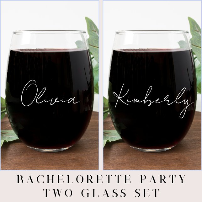 Verre À Vin Sans Pied Chic White Script Monogram Bachelorette Party (Créateur téléchargé)