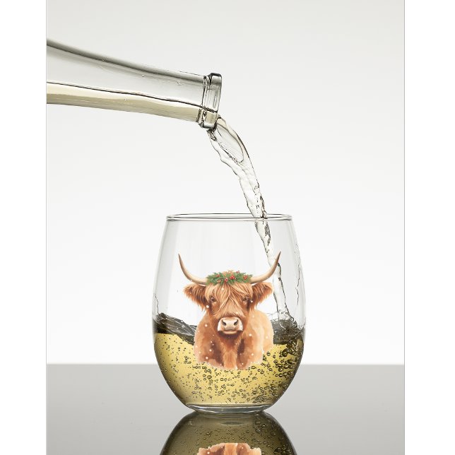 Verre À Vin Sans Pied Christmas Highland Miniature Cow Animal (Christmas greenery highland cow wine glass gift)