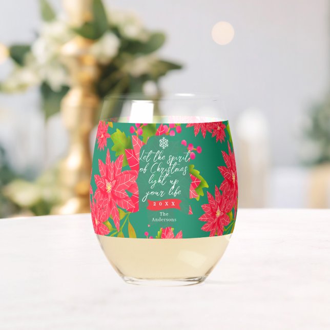 Verre À Vin Sans Pied Christmas Poinsettia Teal (Insitu (Mariage))