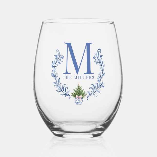 Verre À Vin Sans Pied Cimetière Monogramme Bleu avec arbre de Noël (Recto)