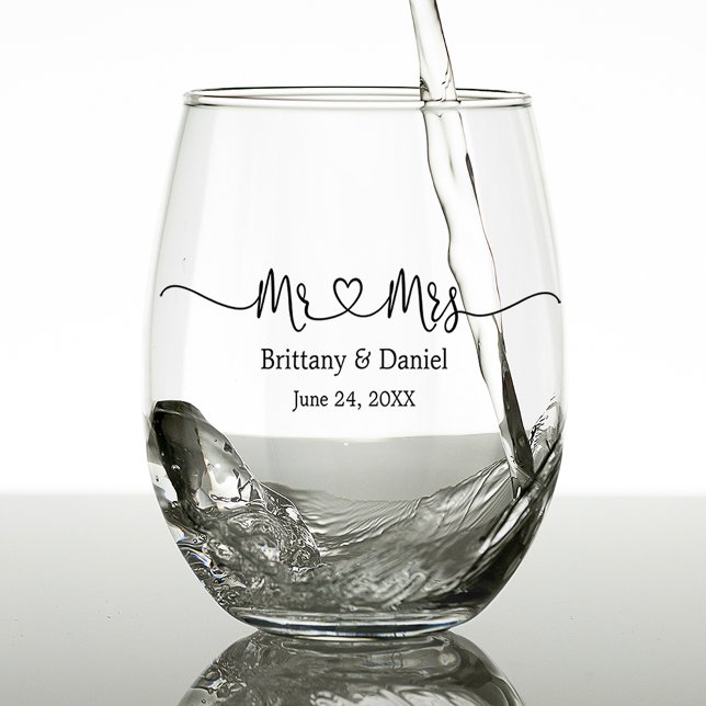 Verre À Vin Sans Pied Coeur de calligraphie moderne M. et Mme Mariage (Several styles to choose from.)