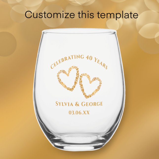 Verre À Vin Sans Pied Coeur moderne 40e anniversaire Mariage Personnalis (Add couple’s names and anniversary date for a beautiful keepsake 40th anniversary glass gift. )