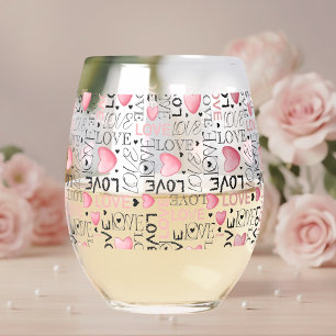 Verre À Vin Sans Pied Cœurs roses motif d'écriture amour Joyeuse Saint-V