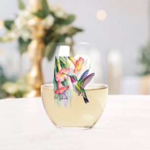 Verre À Vin Sans Pied Colibri à l'aquarelle avec fleurs