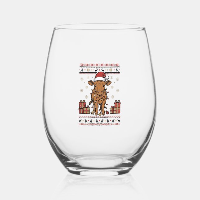 Verre À Vin Sans Pied Conception de chemise vectorielle de vache de Noël (Recto)