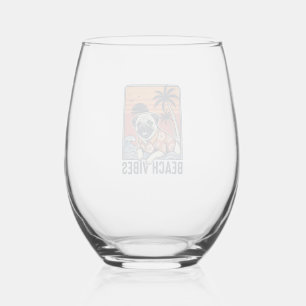 Verre À Vin Sans Pied Conception de gravure vintage pug ambiance plage_1