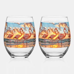 Verre À Vin Sans Pied Coucher de soleil flamants roses océan tropical ci