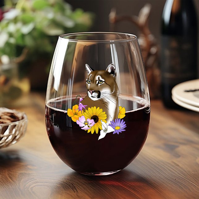 Verre À Vin Sans Pied Cougar Mountain Lion Puma Fleurs (Créateur téléchargé)