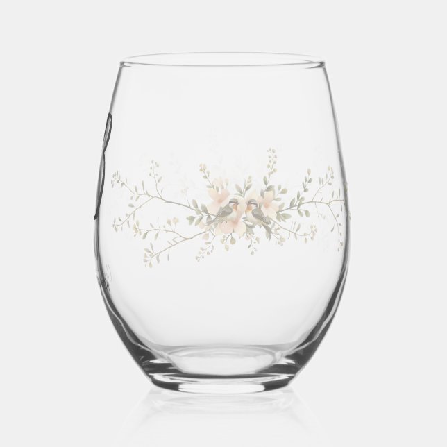 Verre À Vin Sans Pied Couple Birds Monogram flowers Elegant Wedding  (Verso)