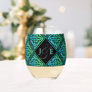 Verre À Vin Sans Pied Couple Monogram Celtic Blue Green Vin Verre
