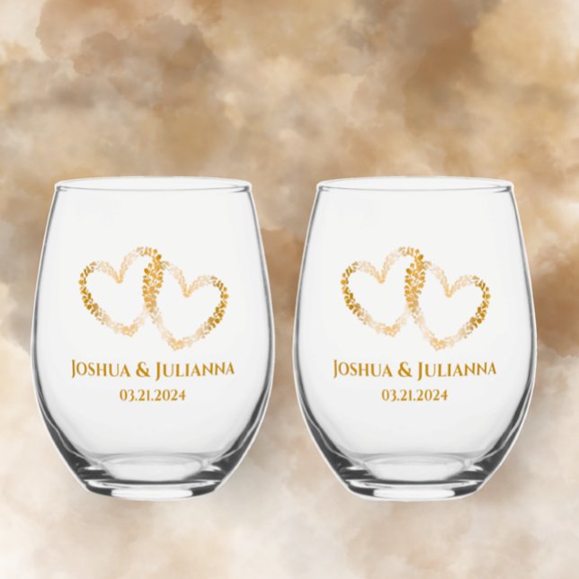 Verre À Vin Sans Pied Couples Noms Élégant Golden Intertwins Coeurs (Add couple's names and date to original intertwined tan gradient hearts on stemless wine glass.)