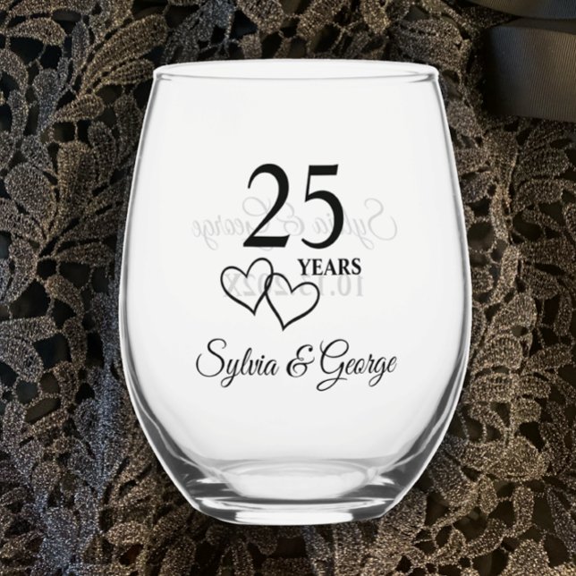 Verre À Vin Sans Pied Couples personnalisés Nom Keepsaké cadeau du 25e a (Personalize glass with couples names and 25th wedding anniversary date for anniversary keepsake gift)