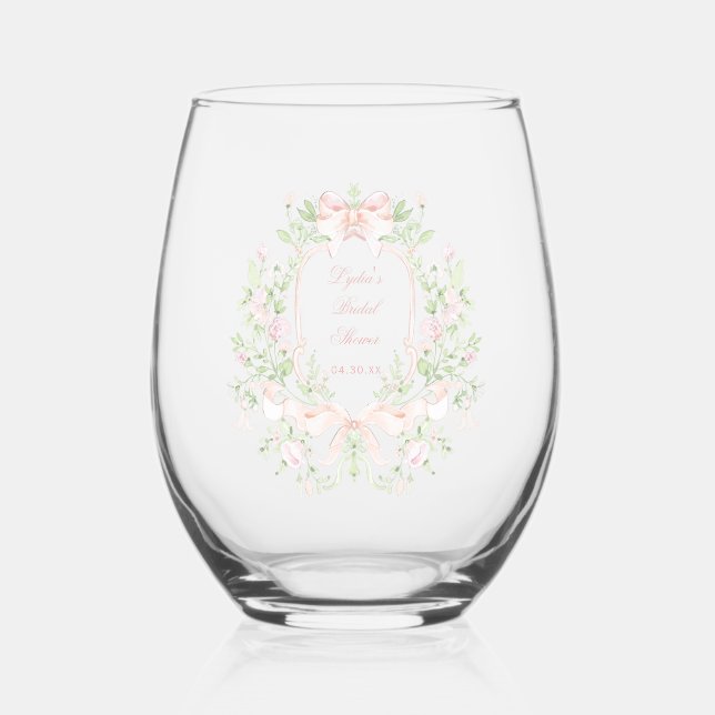 Verre À Vin Sans Pied Couronne douce avec nœuds roses | Fête de mariage  (Recto)