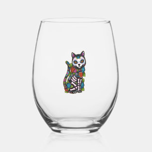 Verre À Vin Sans Pied Crâne à sucre de chat Mexique Calavera Dia De Los 
