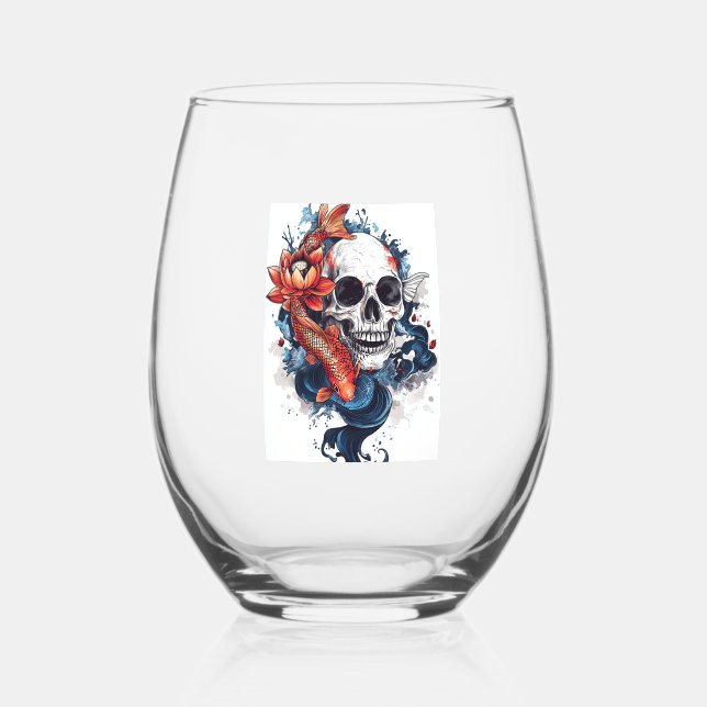 Verre À Vin Sans Pied Crâne et sérénité du Koi (Recto)