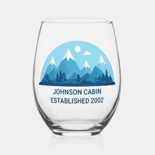 Verre À Vin Sans Pied Custom Winter Family Cabine Blue Snowy Mountain