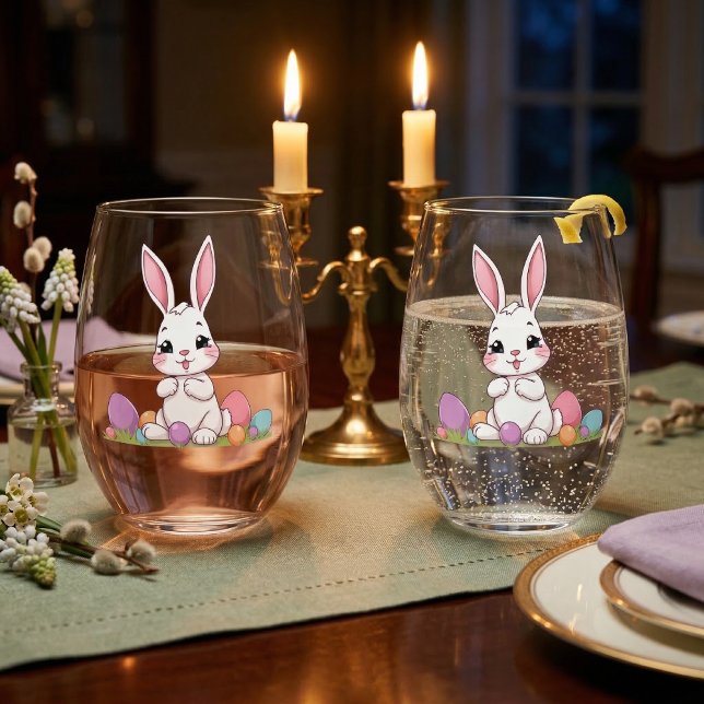 Verre À Vin Sans Pied Cute Easter Bunny & Pastel Easter Eggs  (Créateur téléchargé)