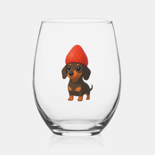 Verre À Vin Sans Pied Dachshund drôle avec des fraises et un chapeau fru