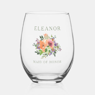 Verre À Vin Sans Pied Demoiselle d'honneur personnalisée Nom Aquarelle F