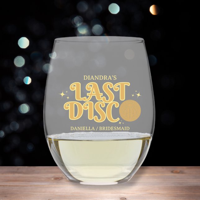 Verre À Vin Sans Pied Dernier or Disco Rétro Bachelorette personnalisée (Golden Last Disco Retro Personalized Bachelorette Stemless Wine Glass)