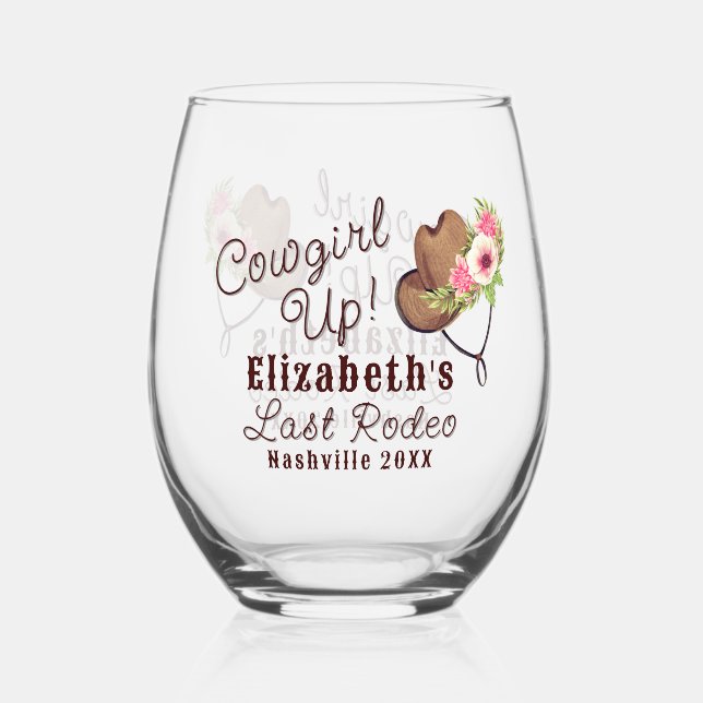 Verre À Vin Sans Pied Dernière Rodéo Rustique Rose Cowgirl Up Bacheloret (Recto)