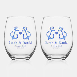 Verre À Vin Sans Pied Deux Ancres de marine nautique et coeur - Mariage