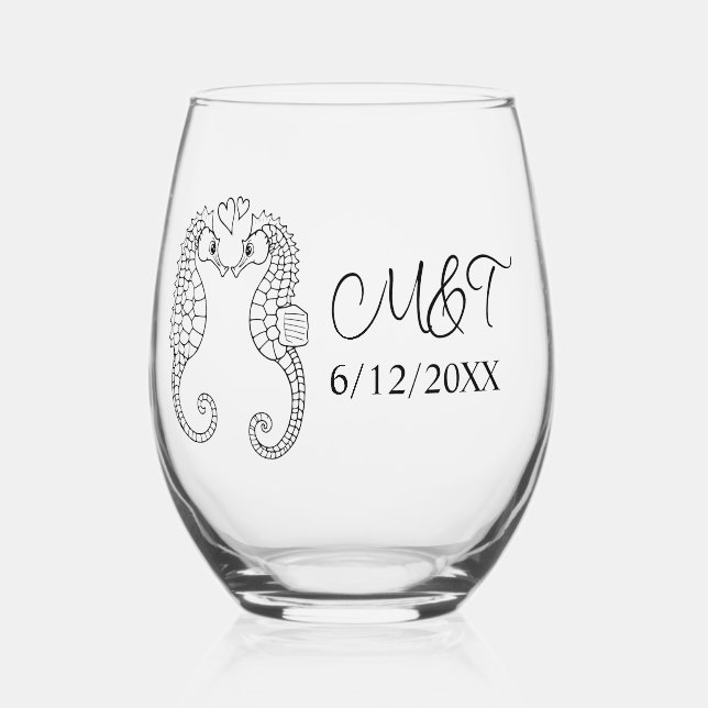 Verre À Vin Sans Pied Deux hippocampes et initiales des mariés  (Verso)