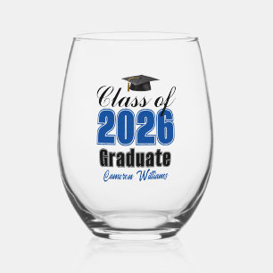 Verre À Vin Sans Pied Diplômé de la promotion 2026 bleu personnalisé