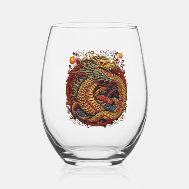 Verre À Vin Sans Pied Dragon chinois. Dragon en cercle. (Recto)