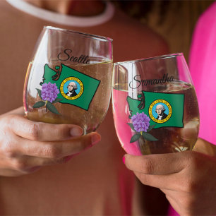 Verre À Vin Sans Pied Drapeau Washington et Fleur Rhododendron Pacifique