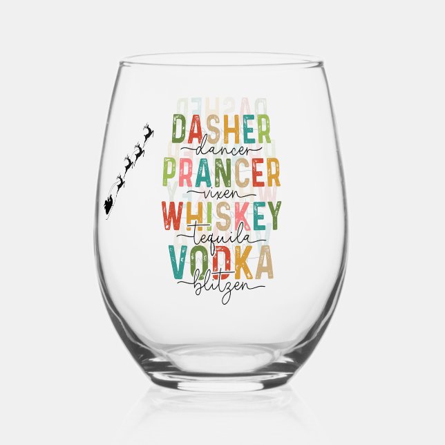 Verre À Vin Sans Pied Drôle Noël Tumbler Dasher Prancer Blitzen (Recto)