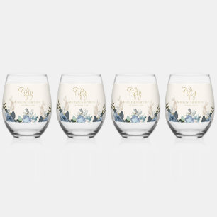 Verre À Vin Sans Pied Dusty Bleu Blanc Floral Cinquante Anniversaire Ens