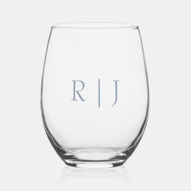Verre À Vin Sans Pied Dusty Blue Monograms Couple Nom Mariage minimal (Recto)