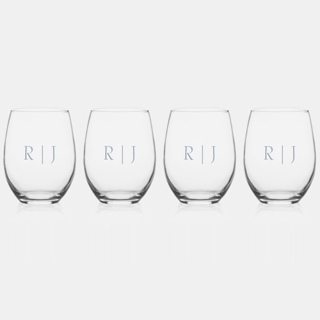Verre À Vin Sans Pied Dusty Blue Monograms Minimal Mariage Cadeau Favori (Recto)