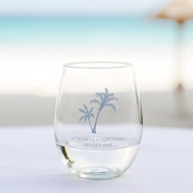 Verre À Vin Sans Pied Dusty Blue Tropical Palm Trees Plage Mariage (Créateur téléchargé)
