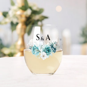 Verre À Vin Sans Pied Dusty Emerald Green Blanc Floral Mariage