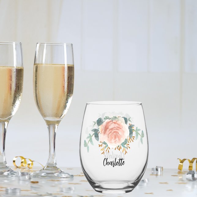 Verre À Vin Sans Pied Écriture de nom floral or rose (Créateur téléchargé)