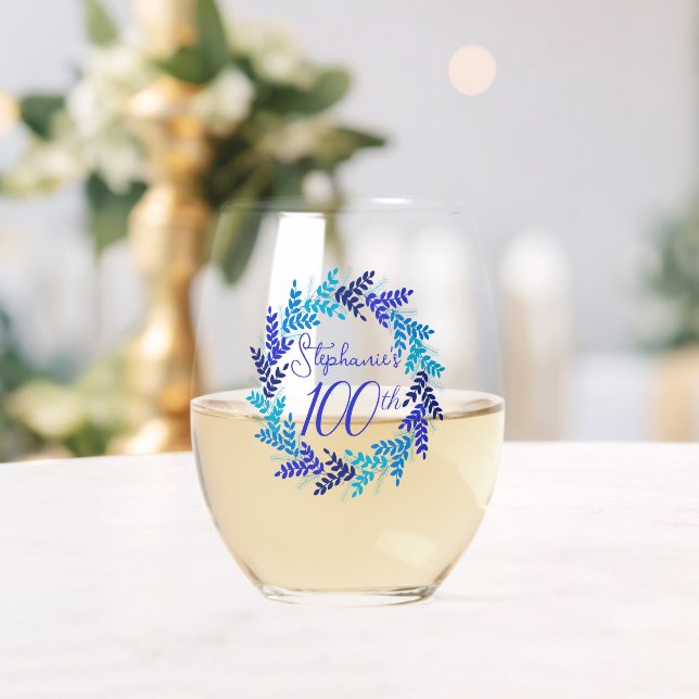 Verre À Vin Sans Pied Elégant bleu floral 100e anniversaire (Insitu (Mariage))