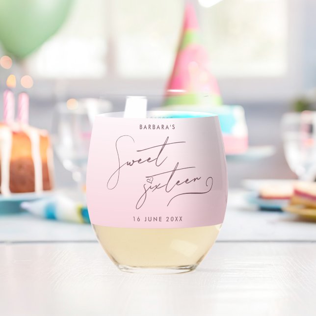 Verre À Vin Sans Pied Elegant Blush Pink Ombre Script Sweet Sixteen (Insitu (Anniversaire))