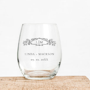 Verre À Vin Sans Pied Élégant & Chic mariage monogramme de crête botaniq