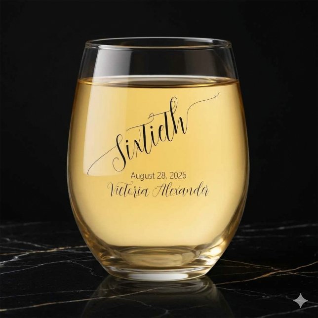 Verre À Vin Sans Pied Elegant Custom Sixtieth Birthday Calligraphy (Elegant Custom Sixtieth Birthday Calligraphy Stemless Wine Glass )