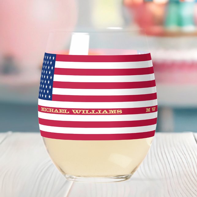 Verre À Vin Sans Pied Elégant drapeau américain patriotique USA Personna (Elegant Patriotic USA American Flag Personalized Stemless Wine Glass)