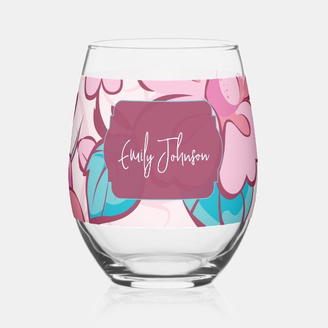 Verre À Vin Sans Pied Elegant Floral Abstract Pink Blue Custom Name (Gauche)