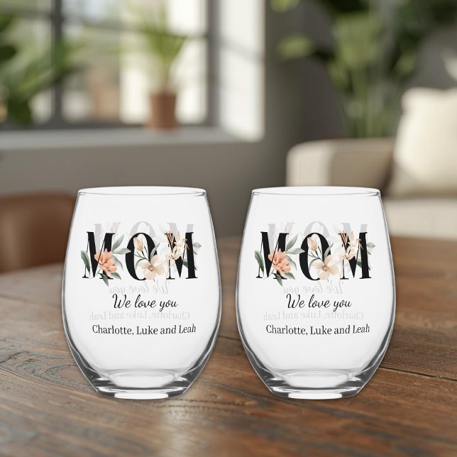 Verre À Vin Sans Pied Elegant Floral Personalized Mom Wine Glass Set (Créateur téléchargé)