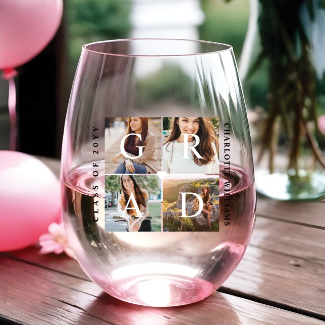 Verre À Vin Sans Pied Élégant Grad Grad Graduate Photo Collage Souvenirs (Elegant Grad Graduate Photo Collage Memories Stemless Wine Glass)
