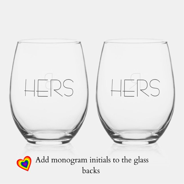 Verre À Vin Sans Pied Élégant "Hers Hers" Lesbienne Couple Monogramme (Modern, elegant stemless wine glasses for the modern, elegant lesbian couple. Add monogram initials.)