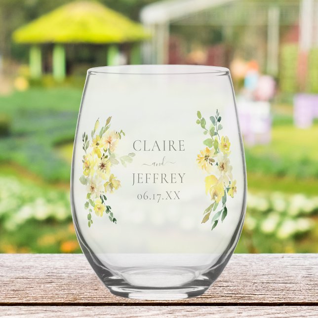 Verre À Vin Sans Pied Élégant jaune Floral Sage Vert Mariage d'été (Créateur téléchargé)
