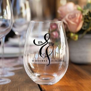 Verre À Vin Sans Pied Élégant M. & Mme. Calligraphie Esperluette Mariage